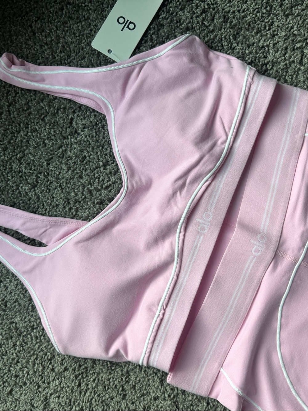 ALO Yoga Light Pink Seamless Racerback Sports Bra with White Trim